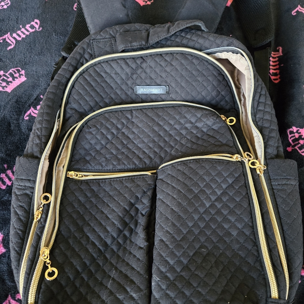 Black Quilted Backpack with Gold Accents